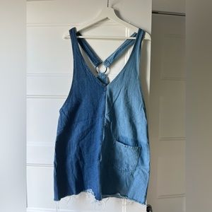 Dual tone denim distressed overall dress
